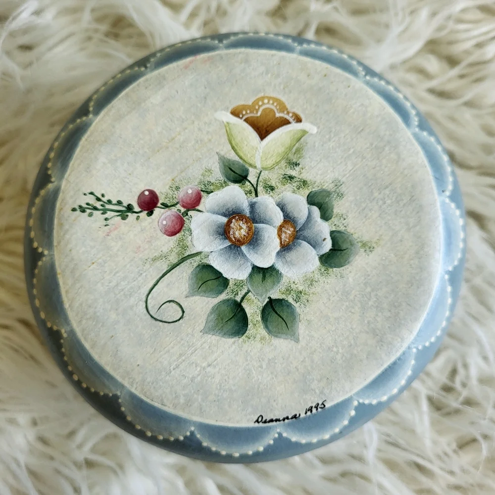 Vintage Hand-Painted Wooden Lid Glass Trinket Box – Signed & Dated 1995